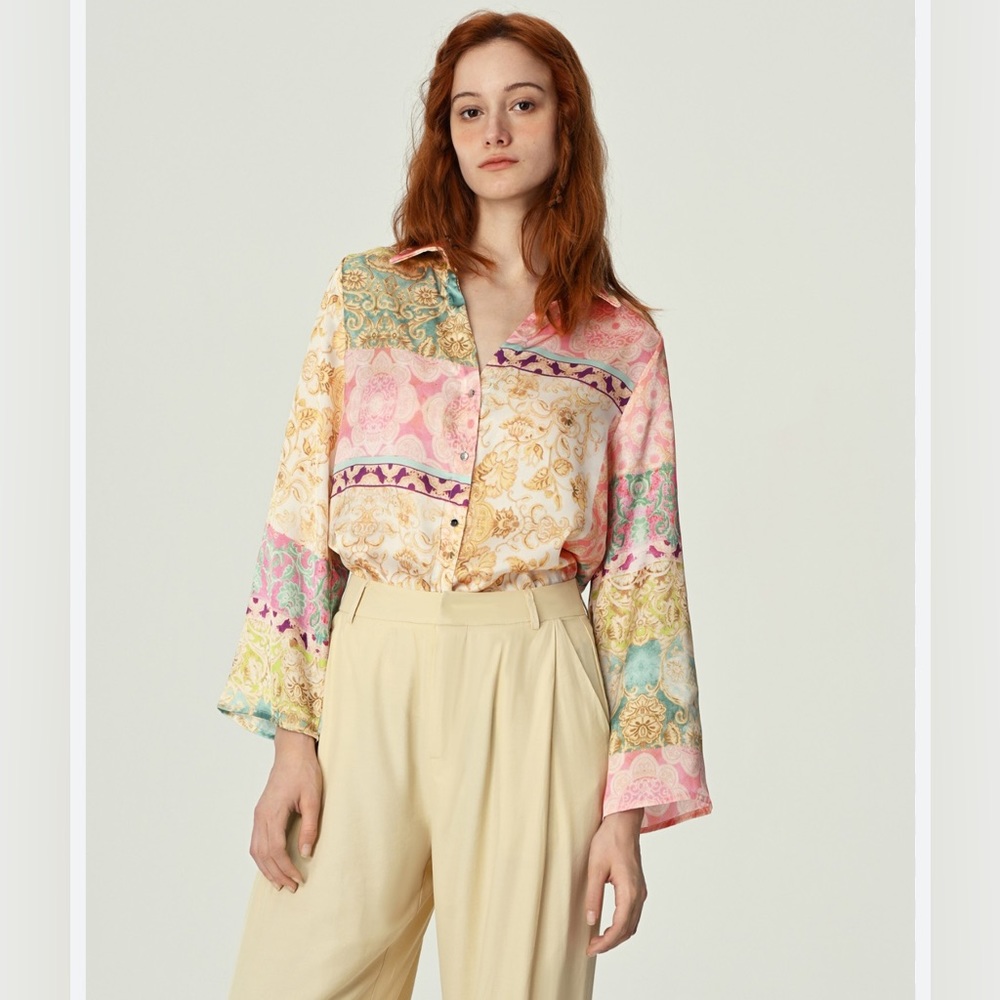 Zara Button Down Patchwork Multicolor Floral Satin - image 2